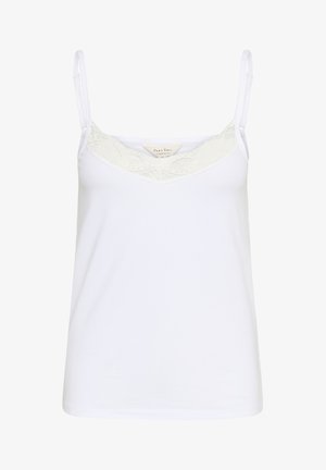 Camisola bianca con spalline sottili regolabili. Presenta un colletto a V rifinito in pizzo e un tessuto leggero e liscio. Design pulito e semplice.