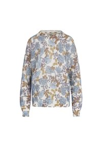 Bloemenvest in lichtblauw, beige en paarse tinten. Heeft een ronde halslijn, lange mouwen en een losgebreide textuur met een bloempatroon.