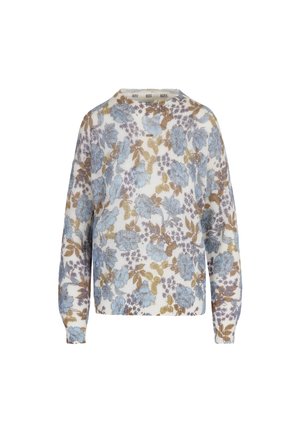 Bloemenvest in lichtblauw, beige en paarse tinten. Heeft een ronde halslijn, lange mouwen en een losgebreide textuur met een bloempatroon.