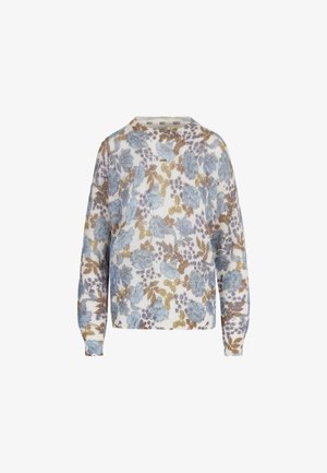 Bloemenvest in lichtblauw, beige en paarse tinten. Heeft een ronde halslijn, lange mouwen en een losgebreide textuur met een bloempatroon.