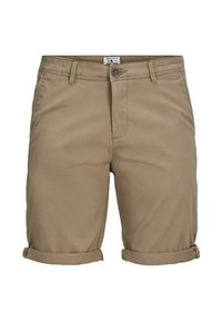 Khaki kraťasy, bavlněná směs, klasický design, rovný střih, ohrnuté manžety, zapínání na přední knoflík, pět kapes, hladká textura.