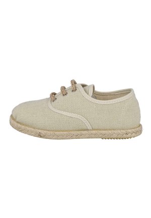 Zapato casual beige de lona con cordones, suela trenzada de yute y punta redonda, visto de lado.