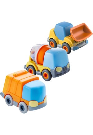 Drei bunte Spielzeug-Baufahrzeuge: ein Betonmischer, ein Muldenkipper und ein Müllwagen, alle mit blauen Kabinen und orangen Details.