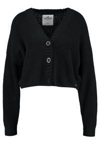 Černý zkrácený kardigan vyrobený z texturované pleteniny, s výstřihem do V, třemi knoflíky a žebrovanými manžetami. Štítek viditelný uvnitř.