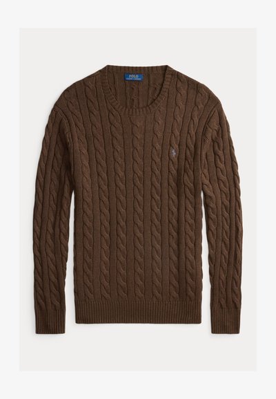 Barna, kötött pulóver bordás mandzsettával és szegéllyel. Környakú, és kicsi logóval rendelkezik a mellrészen. Puha, textúrált anyagból készült.