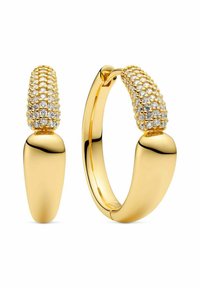 Guldörhängen med en texturerad, pärlad design på toppen med klara rhinestones, slät rund bas och polerad yta.