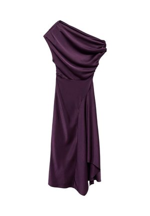 Robe violette à une épaule en tissu lisse, présentant des détails drapés et une silhouette fluide avec un ourlet asymétrique.