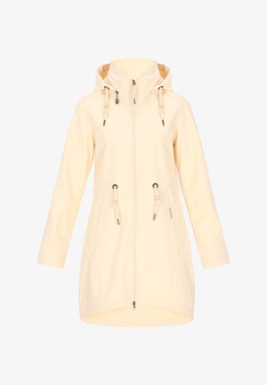 Jasnożółta kurtka z kapturem wykonana z miękkiego materiału; posiada zamek błyskawiczny z przodu, dwie kieszenie w talii, regulowany sznurek oraz lekko zaokrąglony dół.