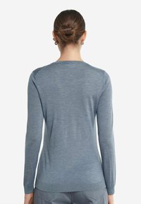 Ljusblå långärmad tröja, slät textur, ribbad nederkant och manschetter, rundad halsdesign och minimala sömnadsdetaljer vid axlarna.