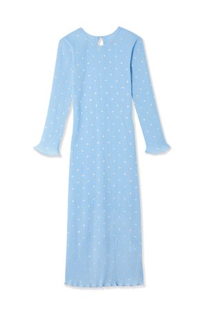 Robe bleue côtelée à manches longues, dotée de pois blancs et d'une ouverture en clé au dos. Texture de tissu douce et manches évasées.