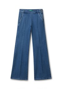 Pantalons en denim bleu taille haute à jambes larges avec fermeture éclair sur le côté et poches avant, posés à plat sur un fond blanc.