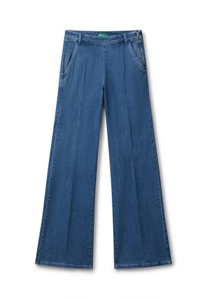 Pantalons en denim bleu taille haute à jambes larges avec fermeture éclair sur le côté et poches avant, posés à plat sur un fond blanc.