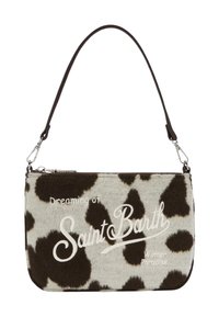 Sac en bandoulière en imprimé vache en matériau pelucheux avec une bandoulière noire. Comprend un texte blanc portant la mention "Rêver de Saint Barth Winter Paradise."