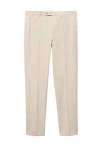 Beige maßgeschneiderte Hose mit geradem Schnitt, ausgestattet mit einem Knopfverschluss am Bund, zwei Eingrifftaschen und flachem Frontdesign.