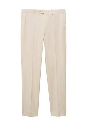 Beige op maat gemaakte broek met een rechte snit, voorzien van een enkele knoopsluiting in de taille, twee zijzakken en een flat front ontwerp.