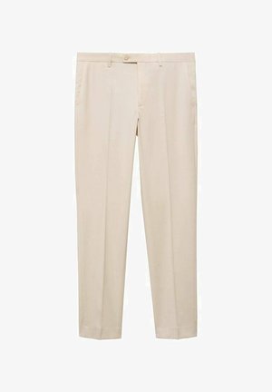 Beige op maat gemaakte broek met een rechte snit, voorzien van een enkele knoopsluiting in de taille, twee zijzakken en een flat front ontwerp.