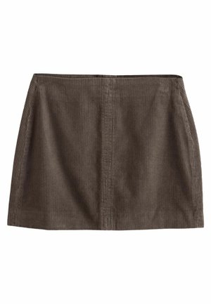 Brown corduroy mini skirt with vertical stripes, flat waistband, and a smooth texture. Features a simple, straight cut design.