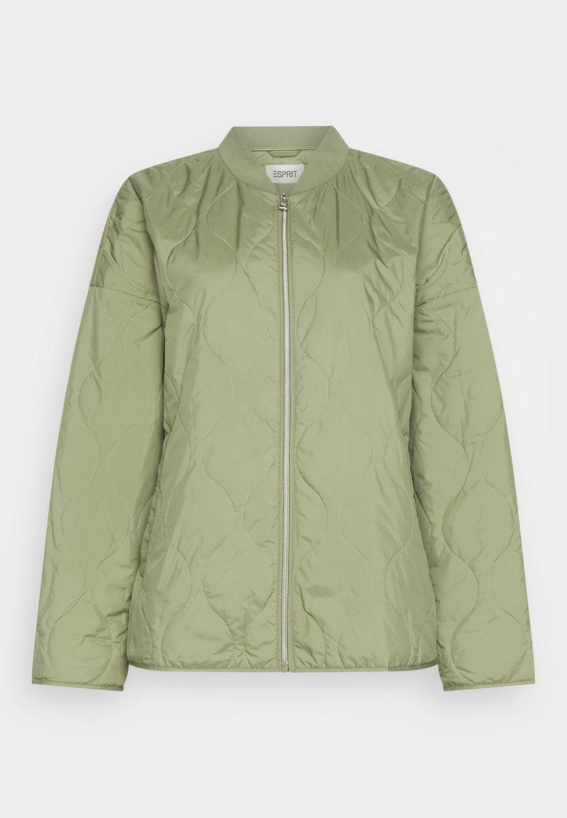 Veste matelassée vert clair à manches longues, fermeture éclair à l'avant et petit col montant, présentée sur un fond uni.