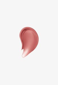 Rossetto liquido cremoso in un delicato colore rosa, con una consistenza liscia e lucida e una forma allungata e curvata.