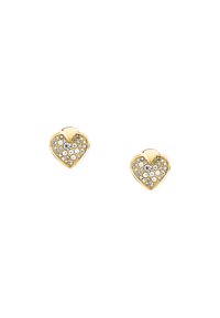 Orecchini a forma di cuore in oro adornati da gemme trasparenti disposte in un motivo a grappolo, con una finitura lucida e bordi lisci.