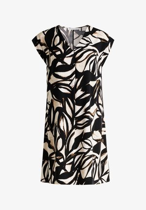 Robe noire et crème présentant un motif de feuilles, avec des manches courtes, un décolleté en V et une coupe décontractée, fabriquée dans un tissu léger au toucher doux.