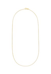 Goldfarbener Kettenhalsreifen mit glatter, runder Textur, ausgestattet mit einem sicheren Karabinerverschluss und einem eleganten, länglichen Design.
