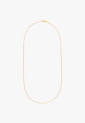 Gold-colored chain necklace with a smooth, round texture, featuring a secure lobster clasp and a sleek, elongated design.