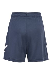 Marineblaue Sportshorts mit elastischem Bund, glatter Textur und weißen Logoakzenten an den Seiten, die ein einfaches, funktionales Design aufweisen.