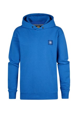 Blå hoodie lavet af blødt stof, med en frontlomme, snoretræk i hætten og et lille logo-patch på brystet. Lange ærmer inkluderet.