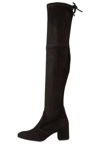 Botas negras sobre la rodilla, hechas de suave ante, con punta redonda, tacón cuadrado y lazo ajustable en la parte superior para un ajuste cómodo.
