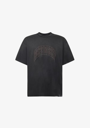 T-shirt di cotone nero con maniche corte e scollo tondo, caratterizzata da un motivo a punti a forma di arco sul petto.