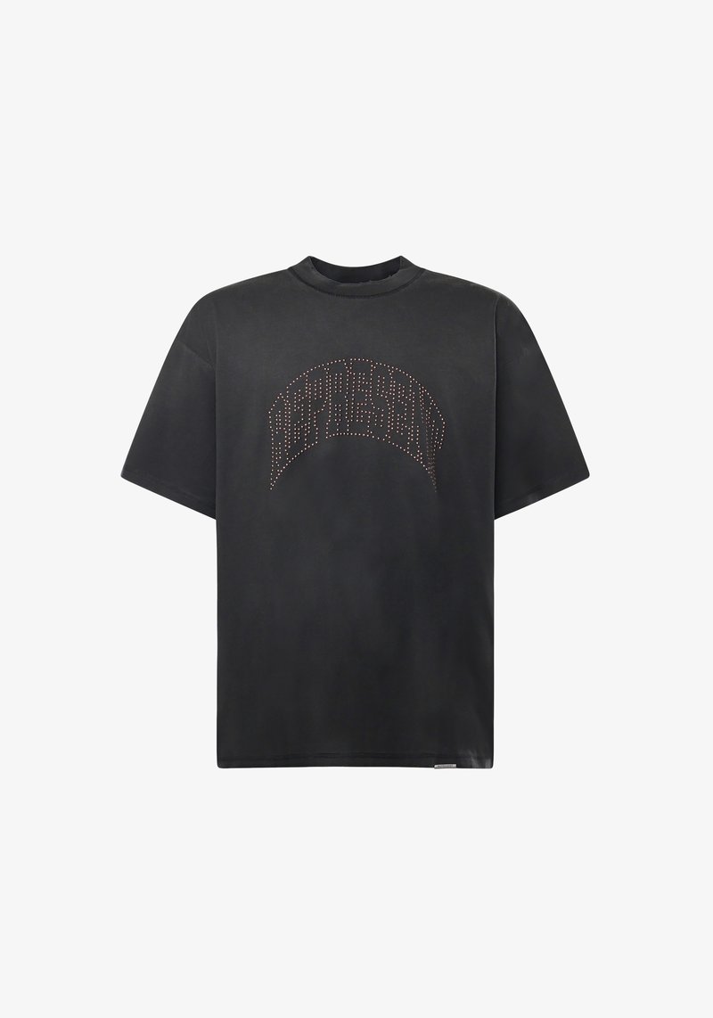 Zwart katoenen T-shirt met korte mouwen en een ronde hals, met een gestippeld ontwerp in de vorm van een boog over de borst.