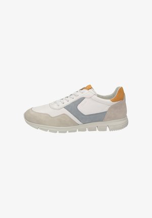 White sneaker with gray and beige suede accents, orange heel tab, white laces, and flexible beige sole, shown from the outer side.