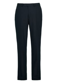 Černé elegantní kalhoty z hladké látky. Mají zapínání na knoflík, poutka na opasek a boční kapsy. Rovný střih s klasickým designem.