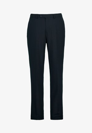 Czarne dopasowane spodnie z gładkiego materiału. Wyposażone w zapięcie na guzik, szlufki na pasek oraz boczne kieszenie. Prosty krój z klasycznym fasonem.