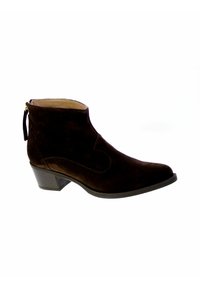 Bottine en suède marron avec un bout pointu, des détails de couture courbes et un petit talon carré ; elle dispose d'une fermeture éclair avec une petite tirette.