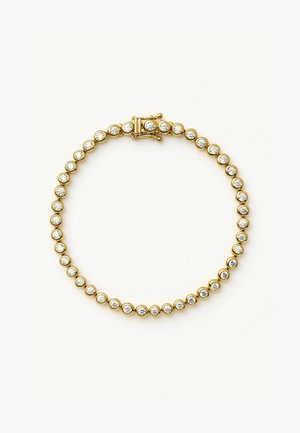 Armband in Goldfarbe, verziert mit rund gefassten klaren Kristallen, die in einem Perlenmuster angeordnet sind. Es verfügt über einen sicheren Verschluss und eine glatte Oberfläche.