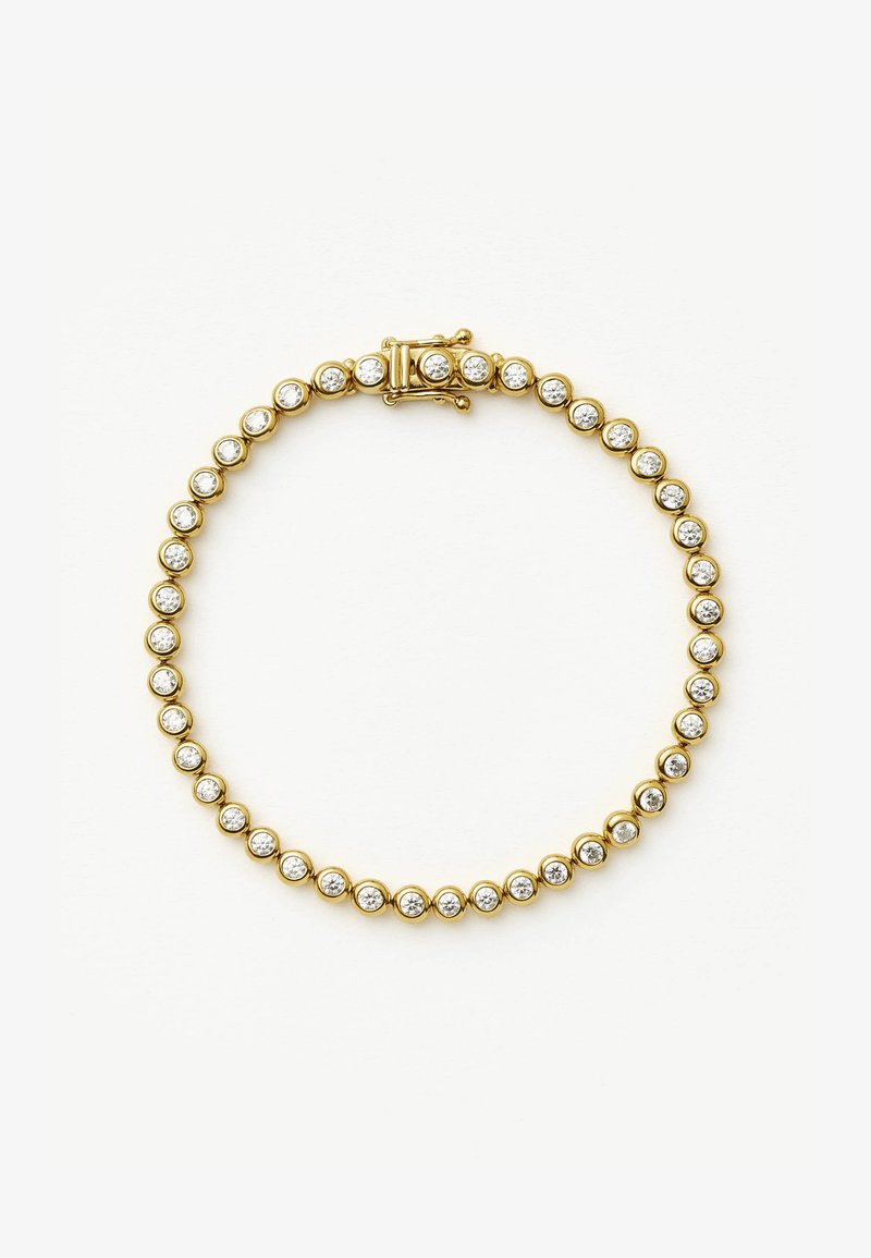 Pulsera en tono dorado con cristales transparentes de corte redondo engastados en un diseño de cuentas, con un cierre de broche seguro y textura suave.