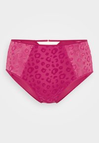 Hooggetailleerde roze luipaardprint slipjes met semi-doorzichtige meshpanelen en stevige stof, met een gladde textuur en subtiele glans.