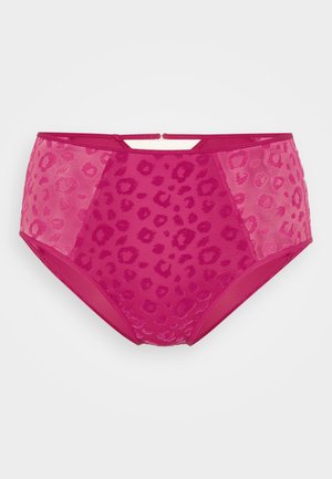 High-waisted pink leopard print panties featuring semi-transparent mesh panels and solid fabric, with a smooth texture and subtle sheen.