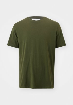 Olive green cotton T-shirt with short sleeves, crew neck, and a smooth texture. No visible patterns or hardware details.