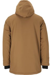 Brun vadderad jacka med huva, som har en slät yta, svarta ärmslut och en minimalistisk design. Bakvy visas.