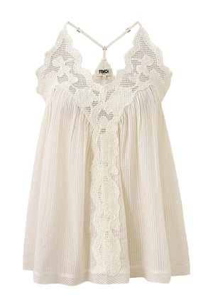 Haut sans manches crème avec bordure en dentelle florale, col en V, tissu plissé et fines bretelles réglables à l'arrière.