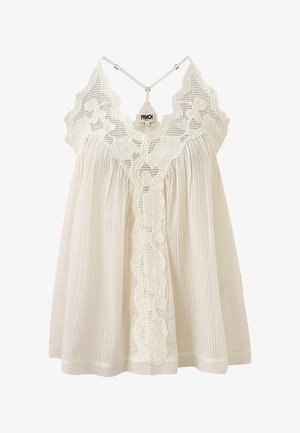 Haut sans manches crème avec bordure en dentelle florale, col en V, tissu plissé et fines bretelles réglables à l'arrière.