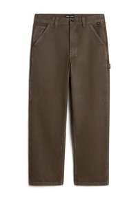 Bruna bomullsbukser med rak passform, som har två framfickor, en bakficka och en sidoficka för verktyg. Midjehight.