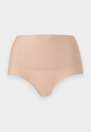 Béžové bezšvové dámske spodné prádlo s vysokým pásom s logom Calvin Klein v pravom hornom rohu.