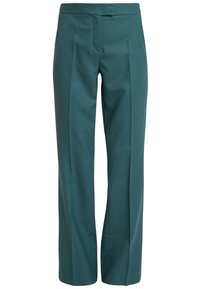 Tegelkleurige op maat gemaakte broek met voorplooien, rechte pijpen en een tailleband met verborgen sluiting aan de voorkant.