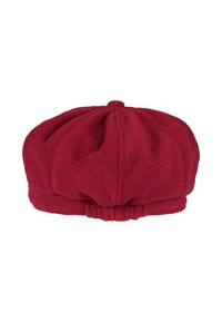 Puha vörös gyapjú newsboy sapka varrott panelekkel és egy kis gombbal a tetején, rugalmas szalaggal a hátsó részen a kényelmes illeszkedés érdekében.