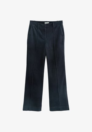 Marineblauwe corduroy broek met een recht model, voorzien van zijzakken en subtiele verticale ribbels voor textuur.