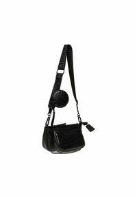 Schwarze Schultertasche aus Kunstleder mit Krokodilstruktur, verstellbarem Riemen und abnehmbarer runder Münztasche. Mit Reißverschlussschluss und Kettendetails.